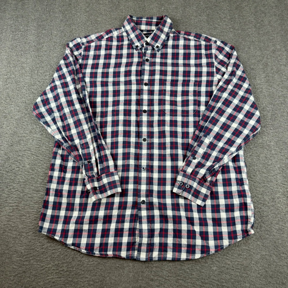 Haggar Button Down Shirt Men's Large L Blue Red White Plaid Long Sleeve Pocket
